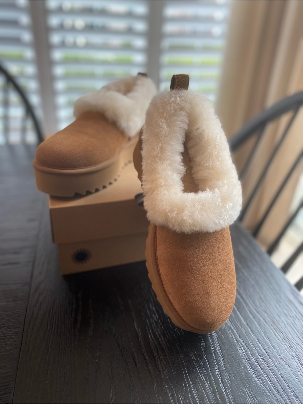 UGG Chestnut Slip-On Slippers with Cream Shearling Collar